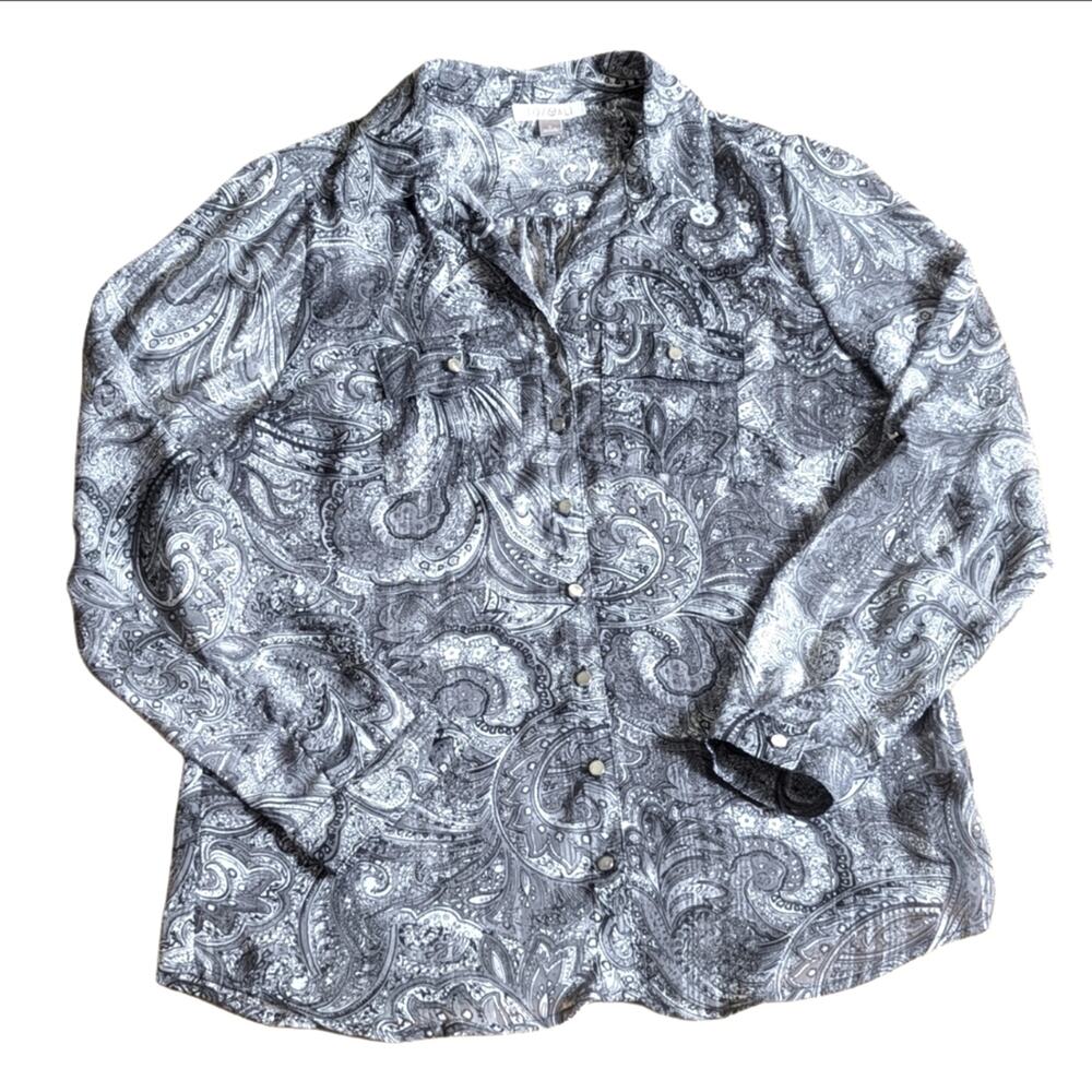 Roz & Ali Lightweight Metallic Thread Sheer Paisley Gray Summer Preppy Blouse